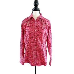 Western Wrangler Vibrant Pink Floral Western Pearl Snap Button-Down Shirt Medium